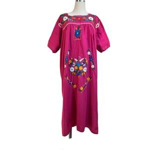 Handmade Embroidered Floral Mexican Dress  Pink